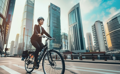 Lady on a bike cycling in a central business district